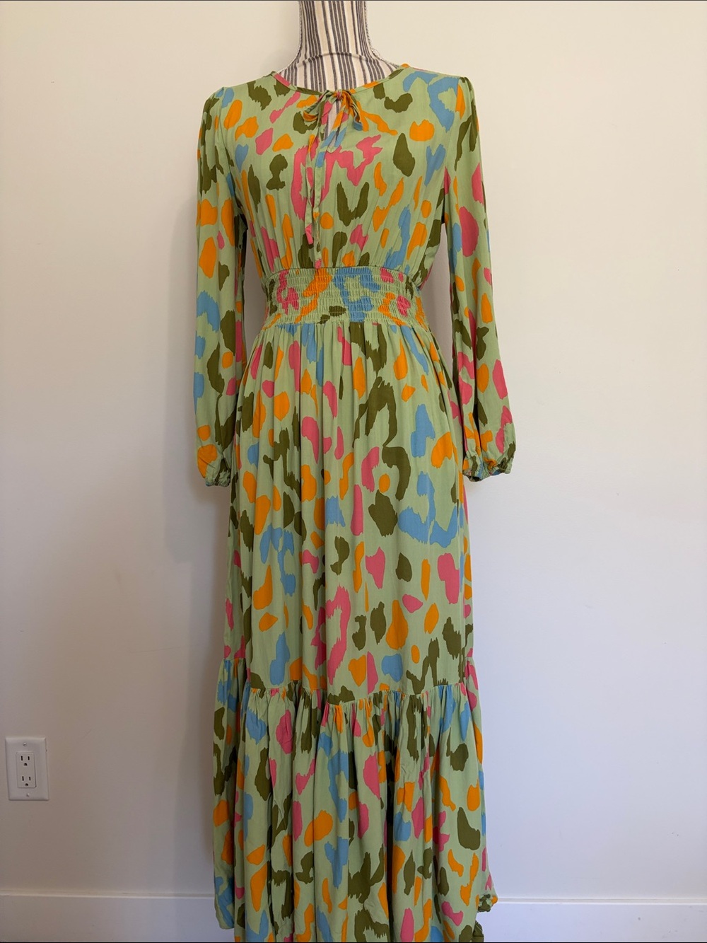 Green Printed Long Sleeve Maxi Dress with Smocked Waist